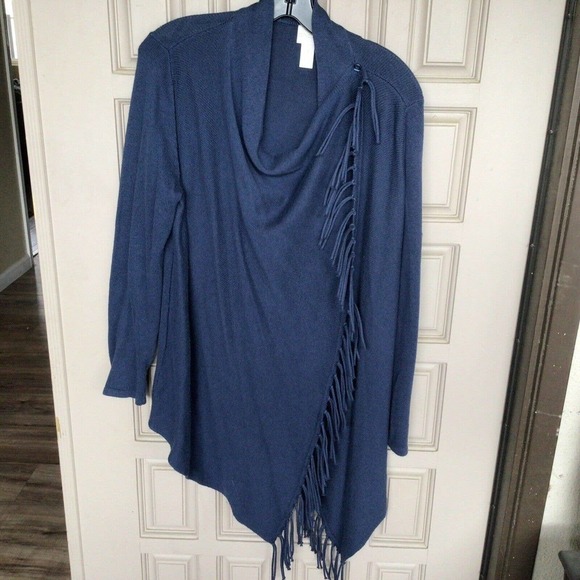 Chico's Sz1 Wrap Sweater Navy Fringe Long Sleeves Knit Pre-Owned - Picture 5 of 9